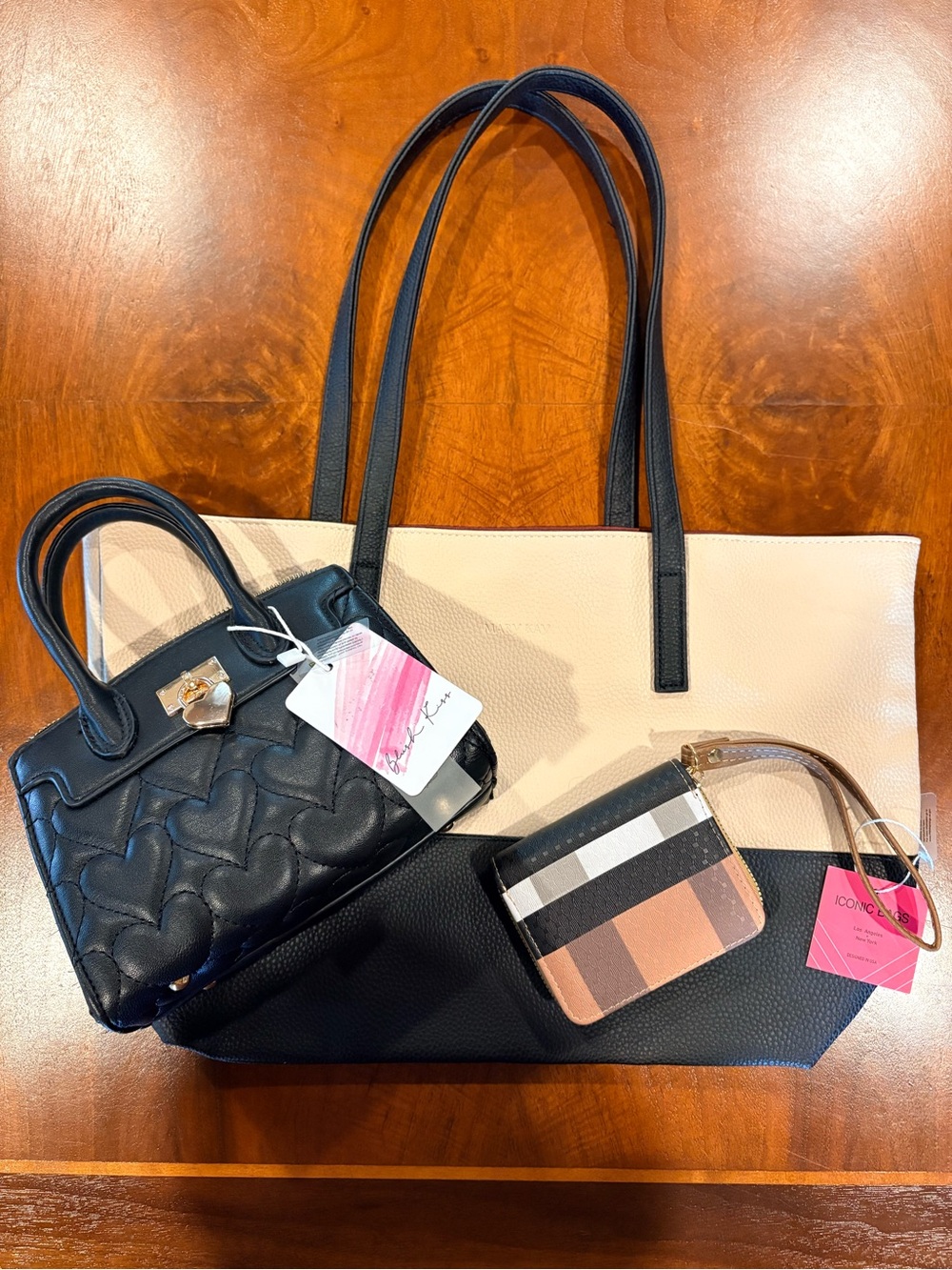 All new! Two-Tone Black and Cream Women's Tote with Matching Accessories